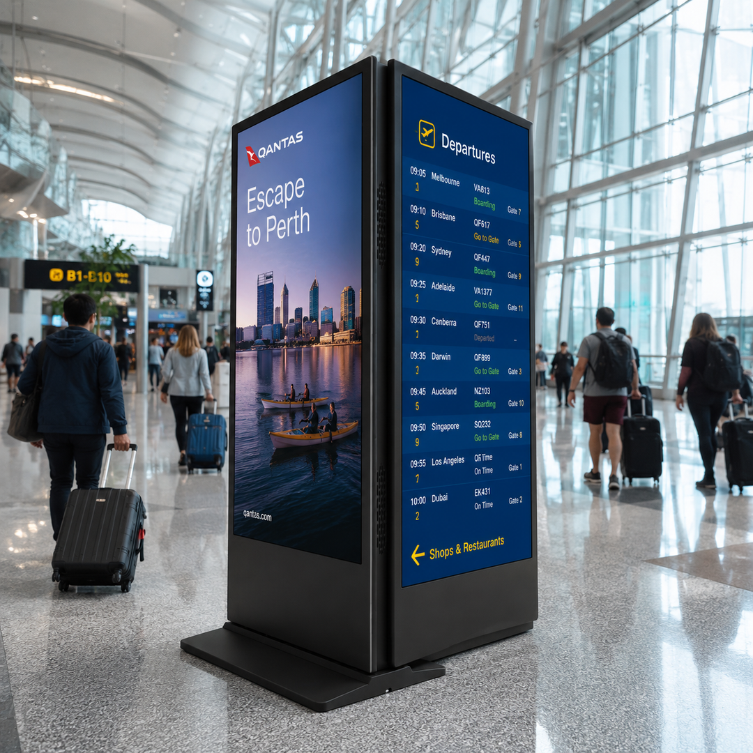 Double-Sided LCD Digital Signage Display used in an airport terminal for passenger information, advertising and wayfinding communication.