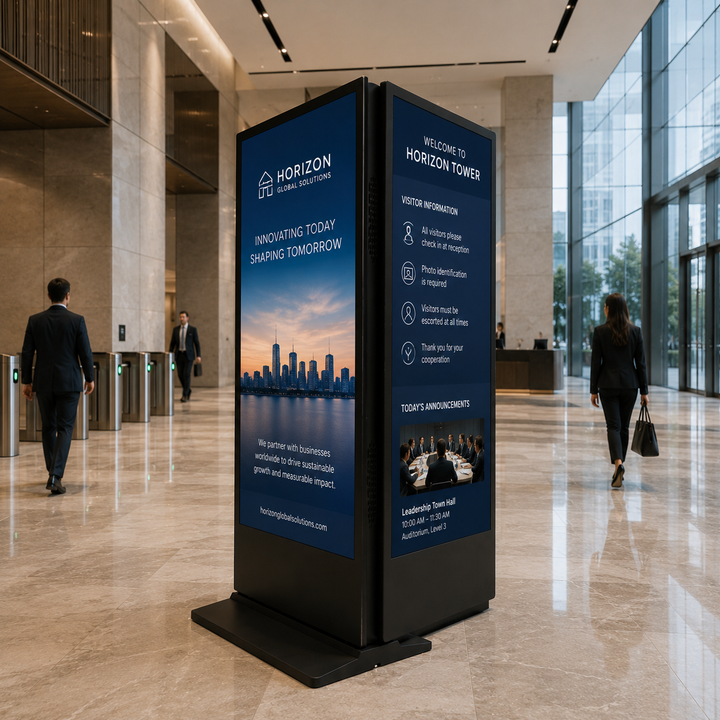 Dual-screen LCD Digital Signage Display providing corporate communications and visitor information in a commercial office building.