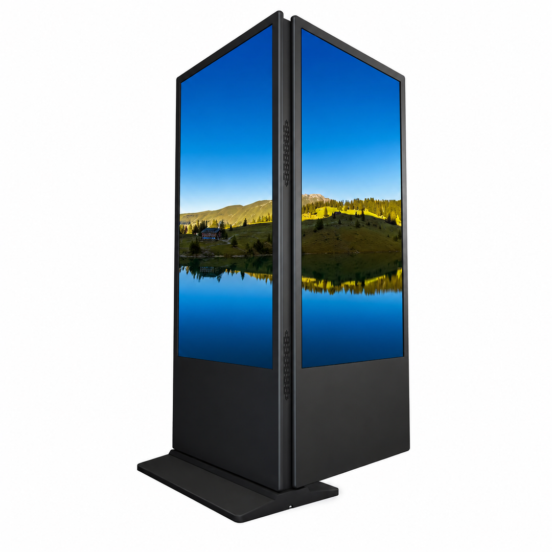 Commercial Double-Sided LCD Digital Signage Display with dual 4K portrait screens, optional touch functionality and remote content management.