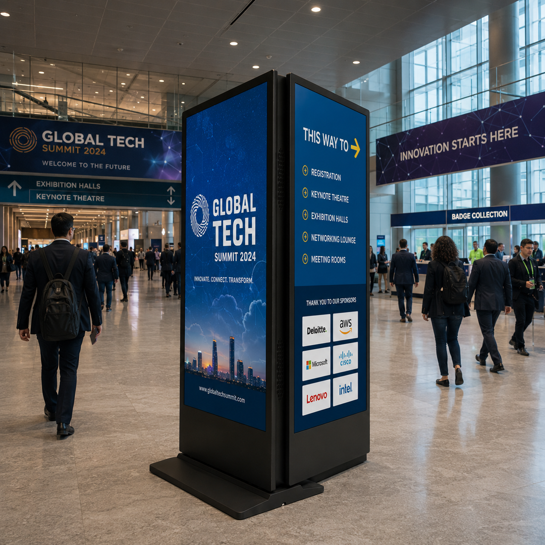 Double-Sided LCD Digital Signage Display used at an exhibition centre for event promotion, sponsor advertising and visitor engagement.