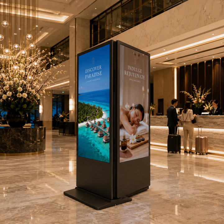 Commercial Double-Sided LCD Digital Signage Display installed in a luxury hotel lobby for guest information and promotional content.