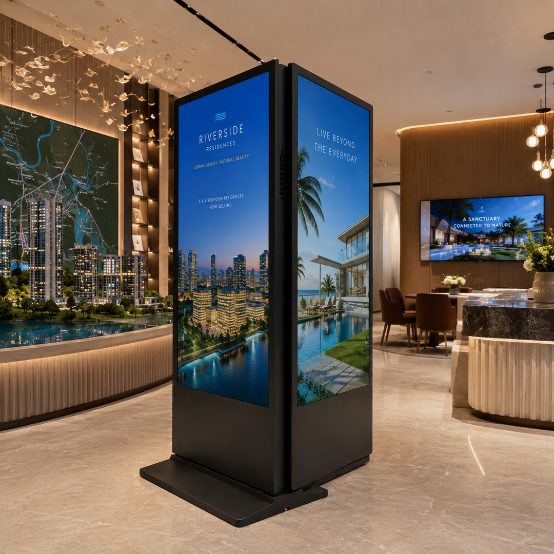 Double-Sided LCD Digital Signage Display showcasing residential property marketing content inside a premium sales gallery.