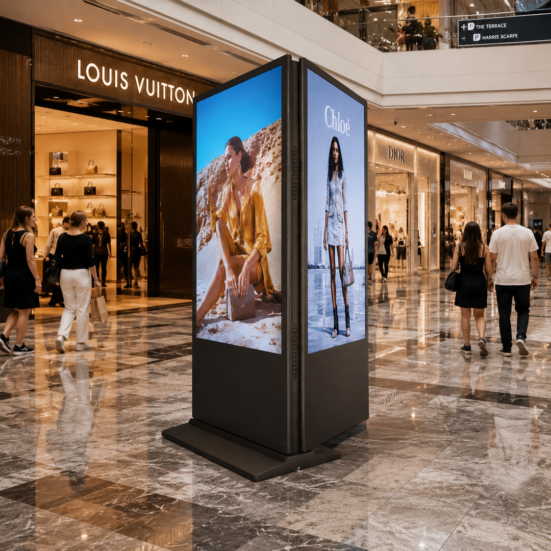 Double-Sided LCD Digital Signage Display installed in a luxury shopping centre showcasing retail advertising campaigns on dual 4K commercial screens.