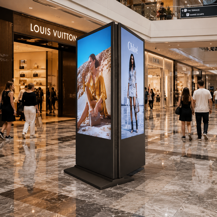 Double-Sided LCD Digital Signage Display installed in a luxury shopping centre showcasing retail advertising campaigns on dual 4K commercial screens.
