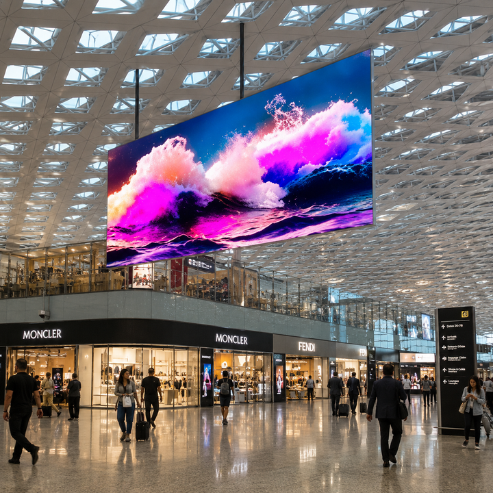 Double-sided LED display suspended in a shopping centre atrium for advertising and digital signage