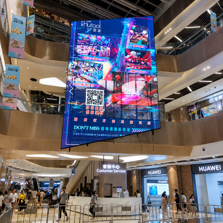 Double-Sided LED Mesh Display suspended in a shopping centre atrium