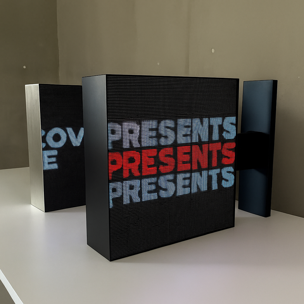 Double-sided LED sign displaying video and text content for retail and commercial signage