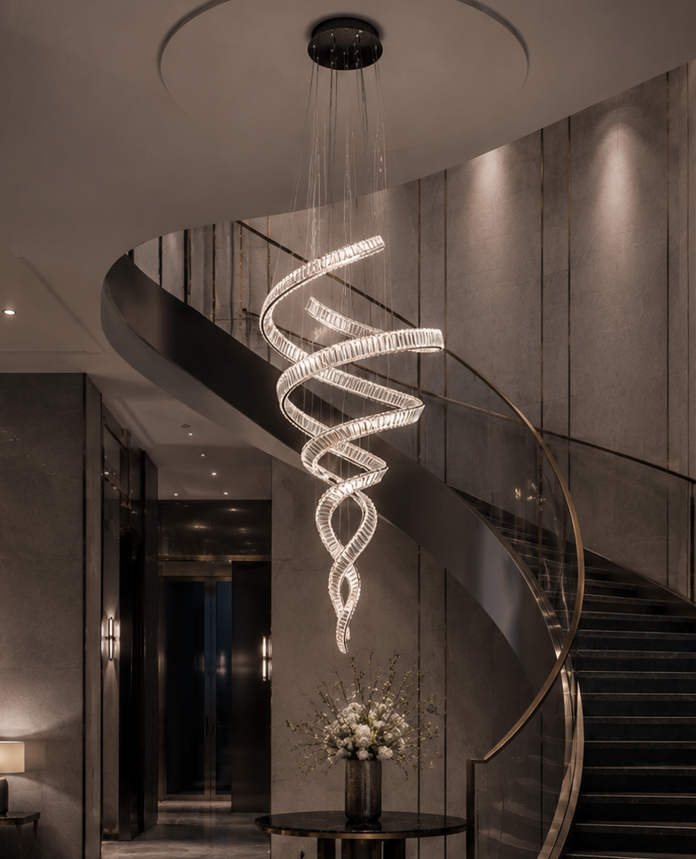 Dual spiral crystal chandelier in a dark luxury hotel staircase void with curved bronze balustrade, dark marble walls and floral display, Pharaoh Tour Double 1950 Chandelier by Lucretia