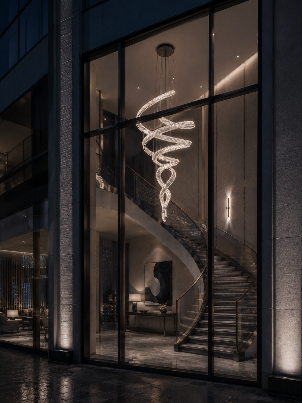 Dual spiral crystal chandelier in a luxury residential curved staircase void photographed through glass facade at night with abstract artwork and console table, Pharaoh Tour Double 1950 Chandelier by Lucretia