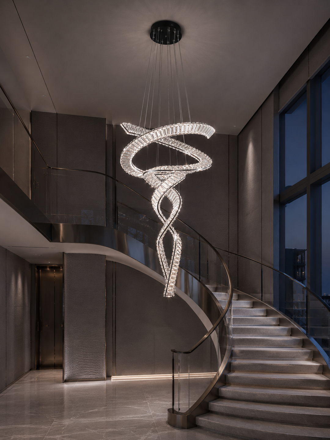 Dual spiral crystal chandelier in a luxury residential curved staircase void with warm grey interior and glass balustrade, Pharaoh Tour Double 1200 Chandelier by Lucretia