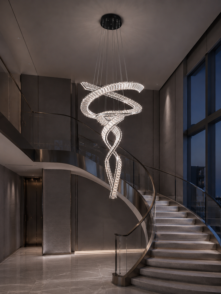 Dual spiral crystal chandelier in a luxury residential curved staircase void with warm grey interior and glass balustrade, Pharaoh Tour Double 1200 Chandelier by Lucretia