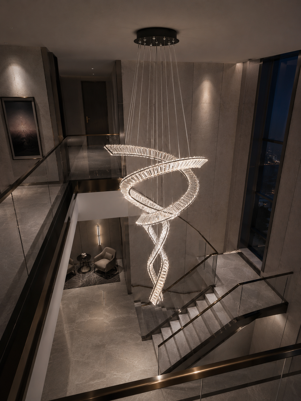 Dual spiral crystal chandelier in a modern residential staircase void photographed from above with glass balustrade and city night view, Pharaoh Tour Double 1200 Chandelier by Lucretia