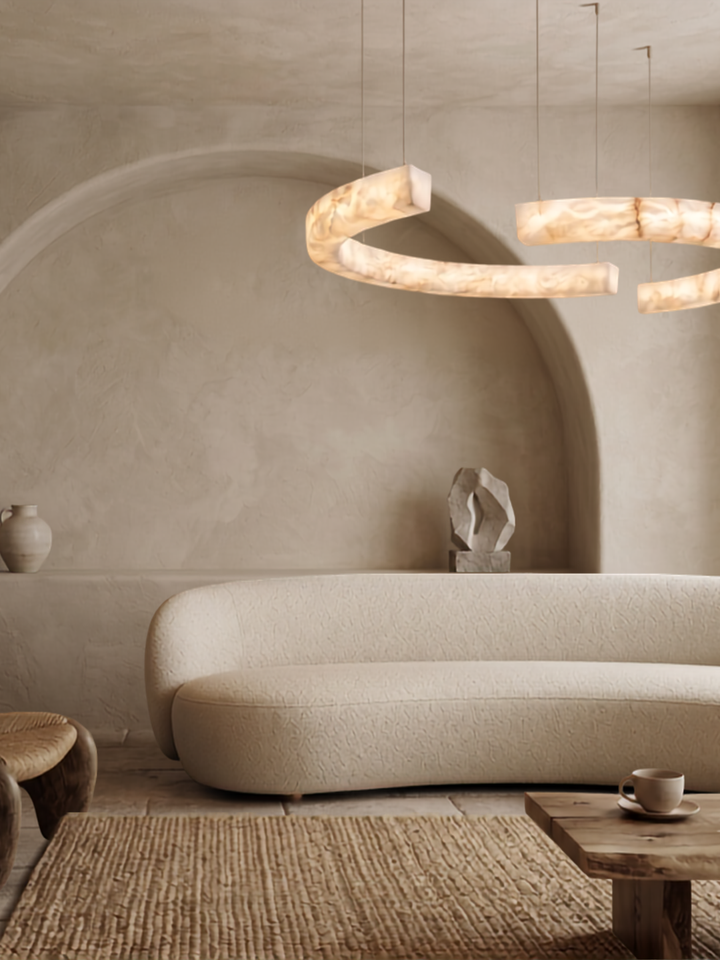 Duet Spanish Alabaster Pendant Light featuring sculptural curved forms and handcrafted natural Spanish alabaster.