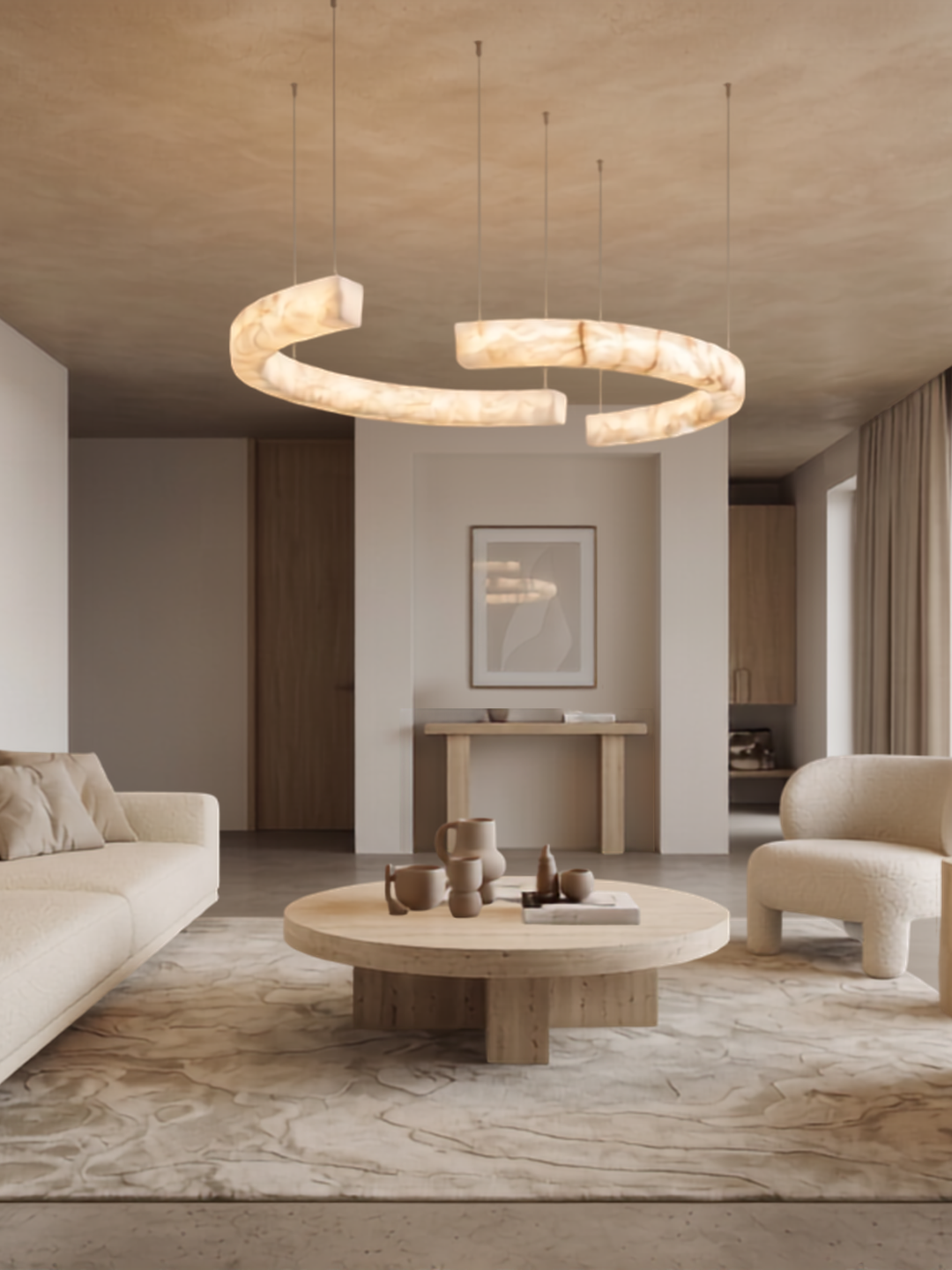 Duet Spanish Alabaster Pendant Light handcrafted from genuine Spanish alabaster in a luxury modern living room.