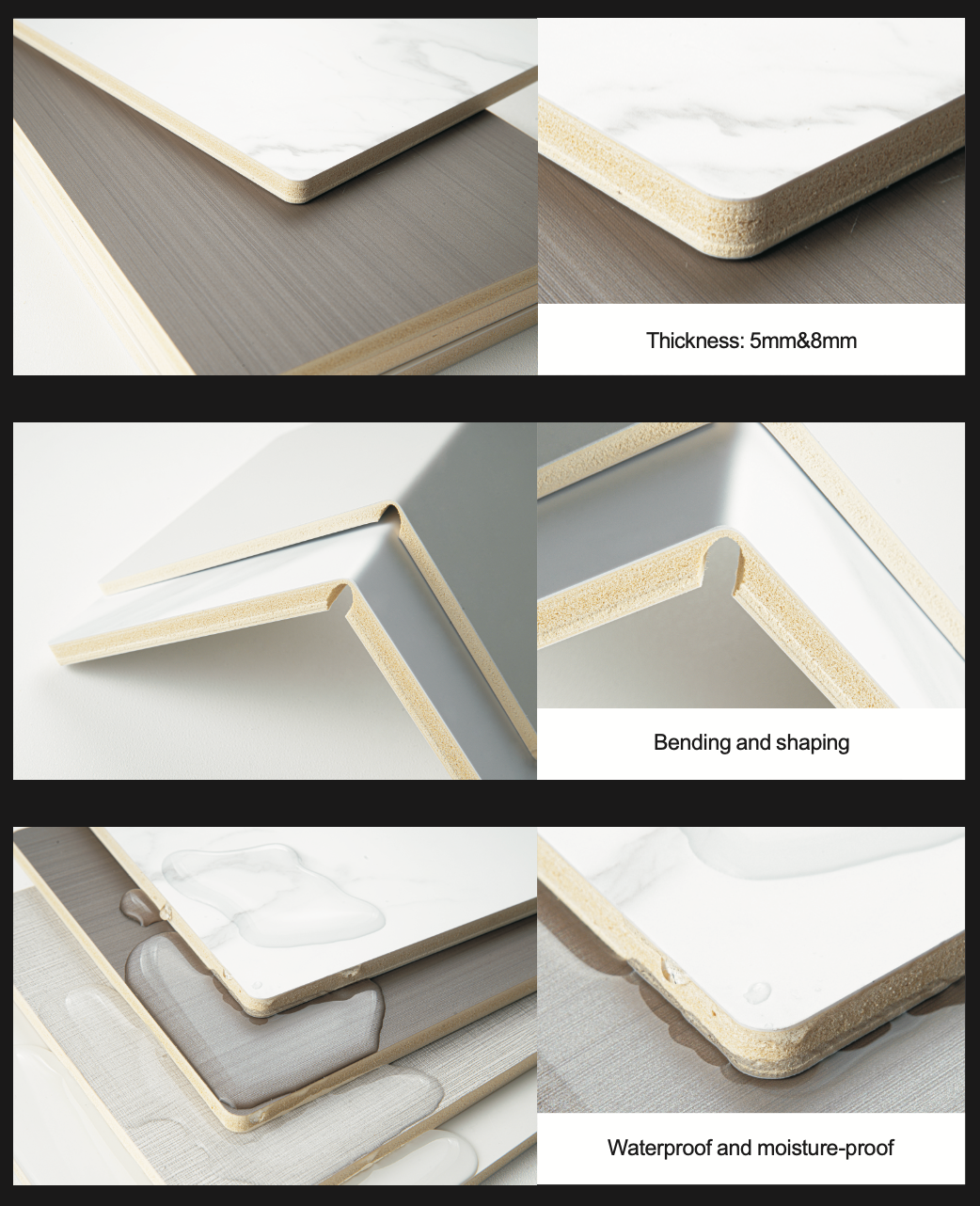 EcoChar fiber panel showing thickness options bending capability and waterproof performance for interior wall and ceiling applications