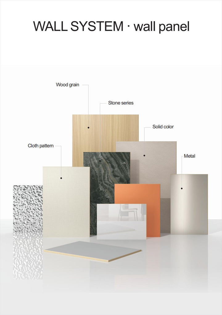 EcoChar fiber wall panel system showing wood grain stone fabric solid colour and metal surface finish options