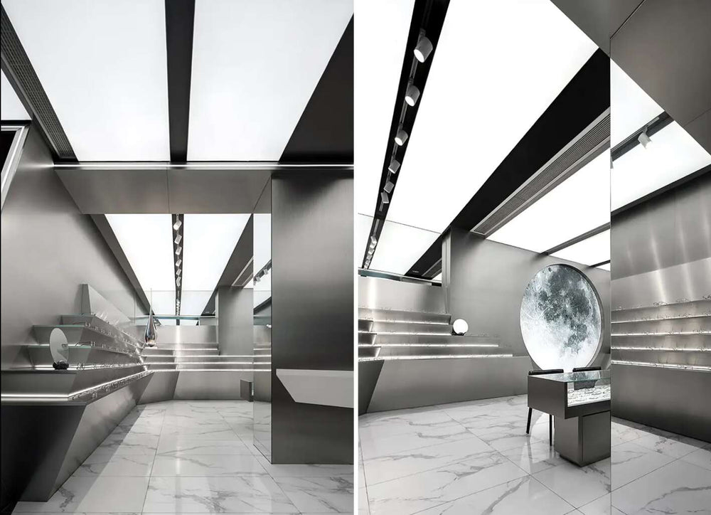 Lightweight EcoChar wall and ceiling panels with metal look finish used in contemporary interior design.