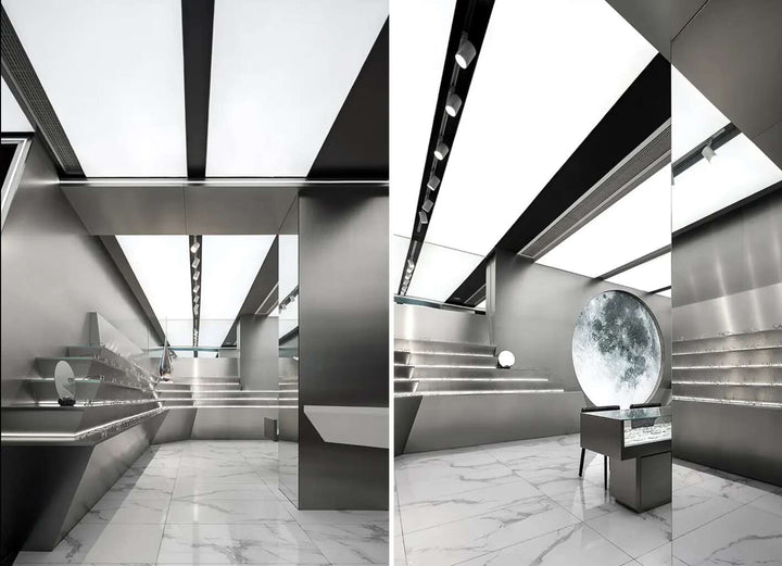 Lightweight EcoChar wall and ceiling panels with metal look finish used in contemporary interior design.