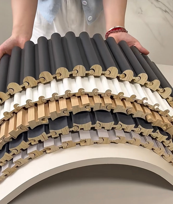 Modular EcoSpin timber louver panel structure showing layered construction and flexibility