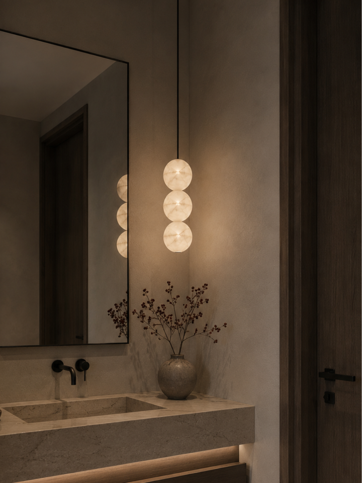 Elara three-sphere Spanish Alabaster Pendant Light for luxury bathroom lighting