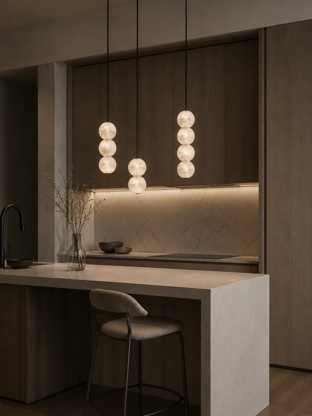 Elara Spanish Alabaster Pendant Lights with natural stone spheres above a modern kitchen island