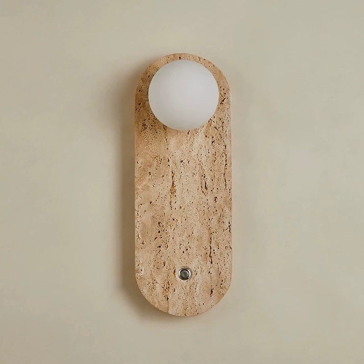 elongated 350mm travertine wall lamp shown on a neutral background highlighting its natural stone texture and LED wall light design