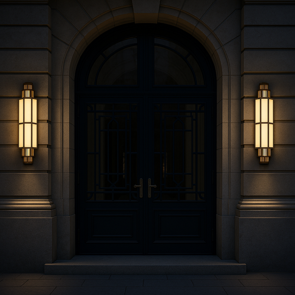 Empire Glow brass Art Deco outdoor wall light installed on an exterior façade creating warm ambient illumination at night.