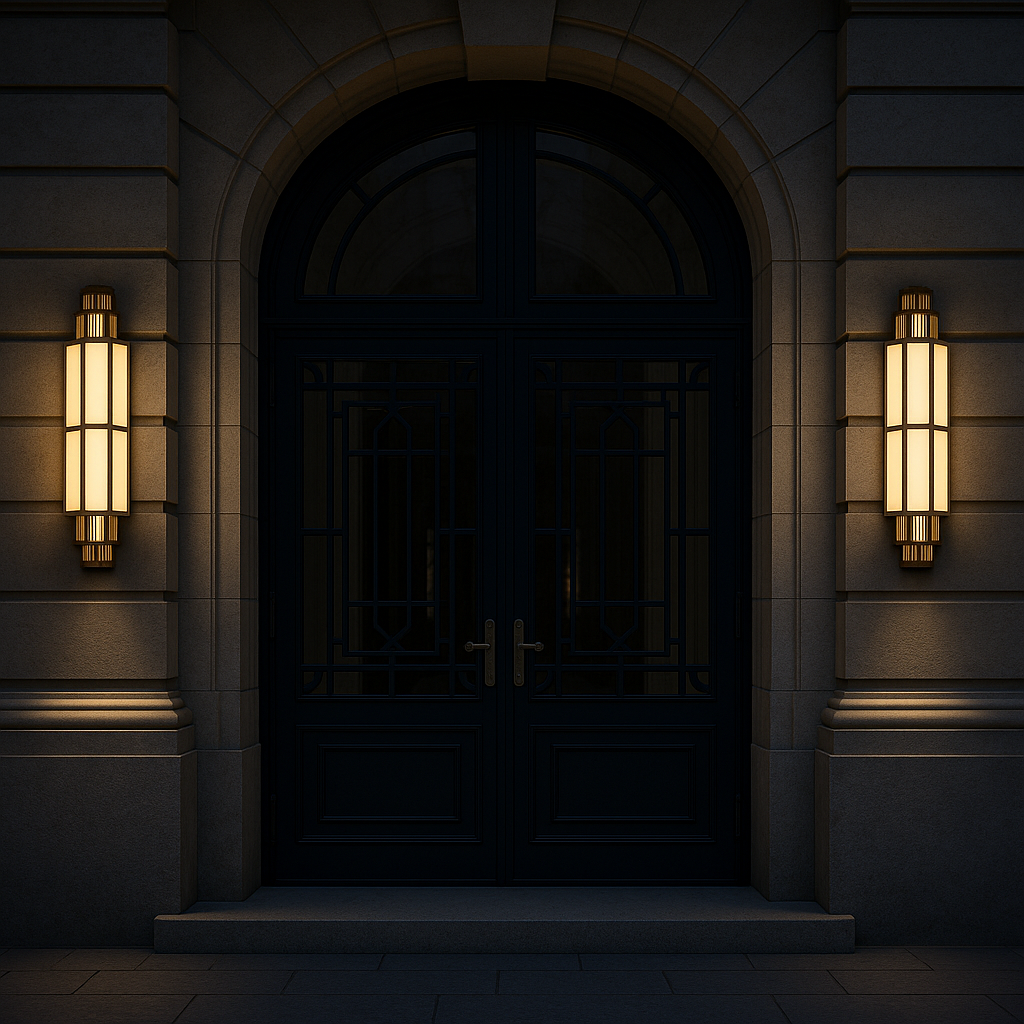 Empire Glow brass Art Deco outdoor wall light installed on an exterior façade creating warm ambient illumination at night.