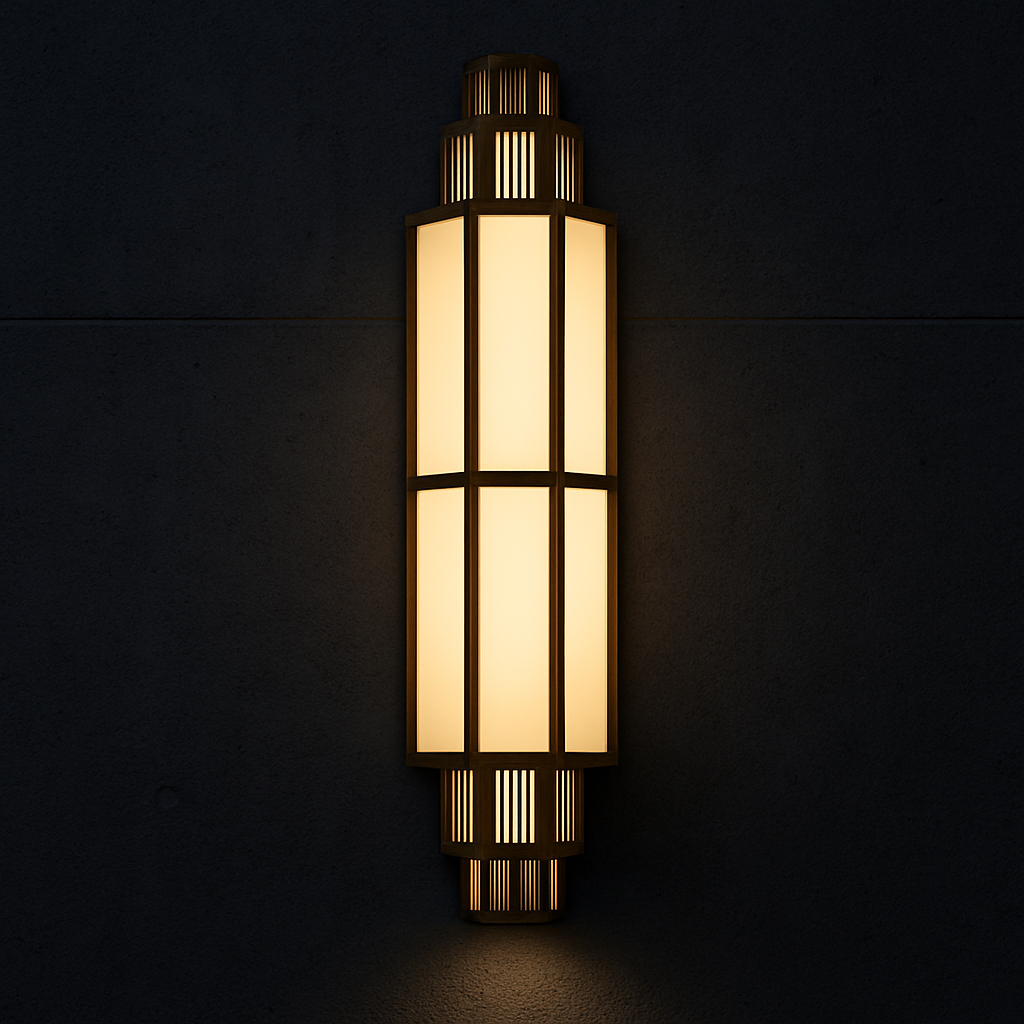 Empire Glow brass outdoor wall light with illuminated faux alabaster panels in an Art Deco front view.