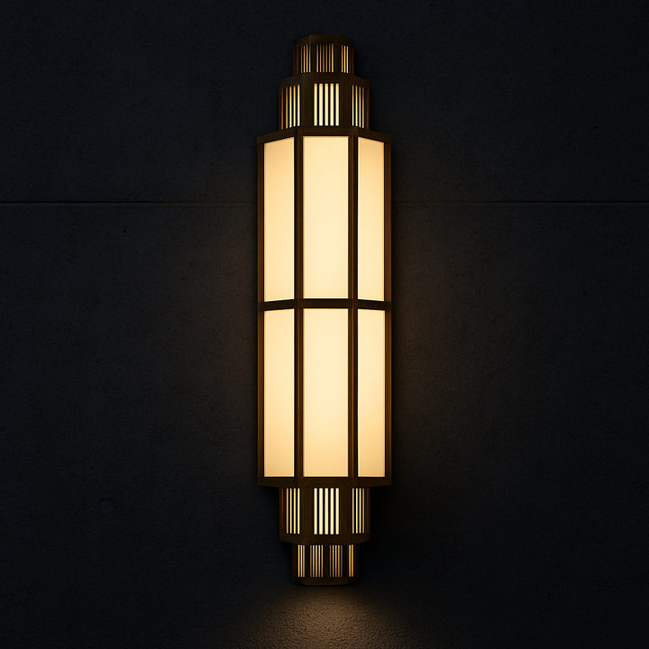 Empire Glow brass outdoor wall light with illuminated faux alabaster panels in an Art Deco front view.