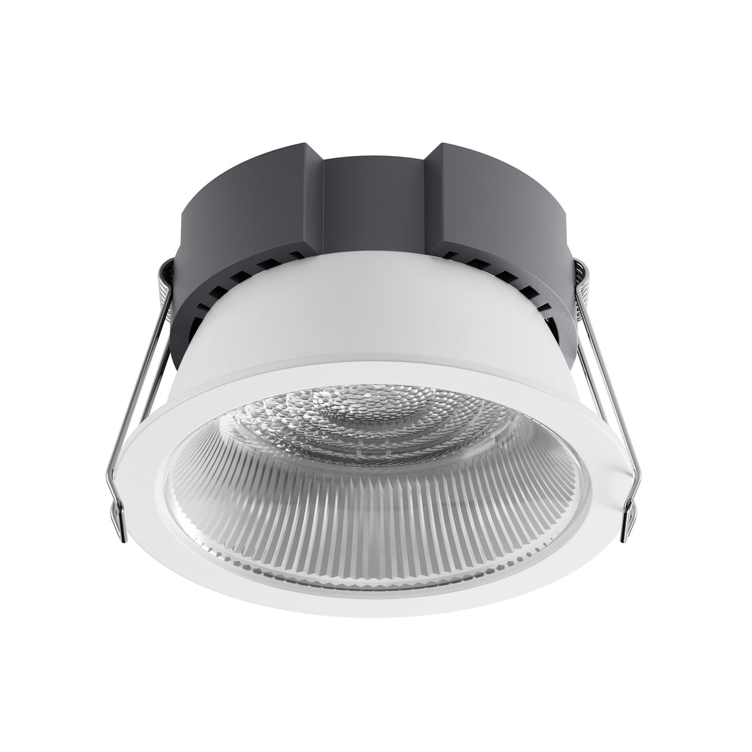Essential Series general architectural LED downlight with a clear optical acrylic lens, delivering uniform illumination, UGR <19 and excellent visual comfort.