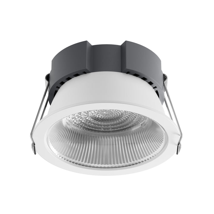 Essential Series general architectural LED downlight with a clear optical acrylic lens, delivering uniform illumination, UGR <19 and excellent visual comfort.