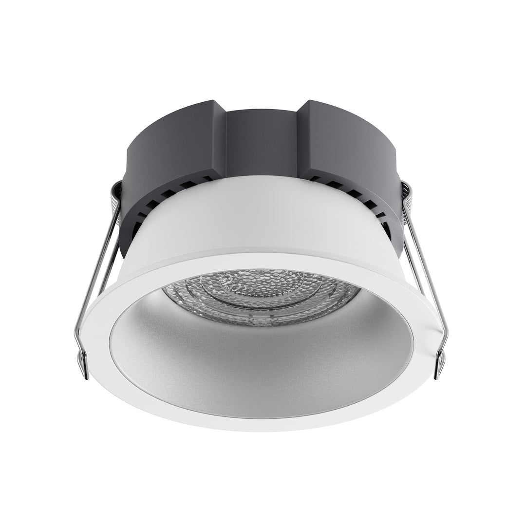 Essential Series architectural LED downlight with a matte silver reflector, providing comfortable general lighting and uniform illumination for residential, hospitality and commercial interiors.