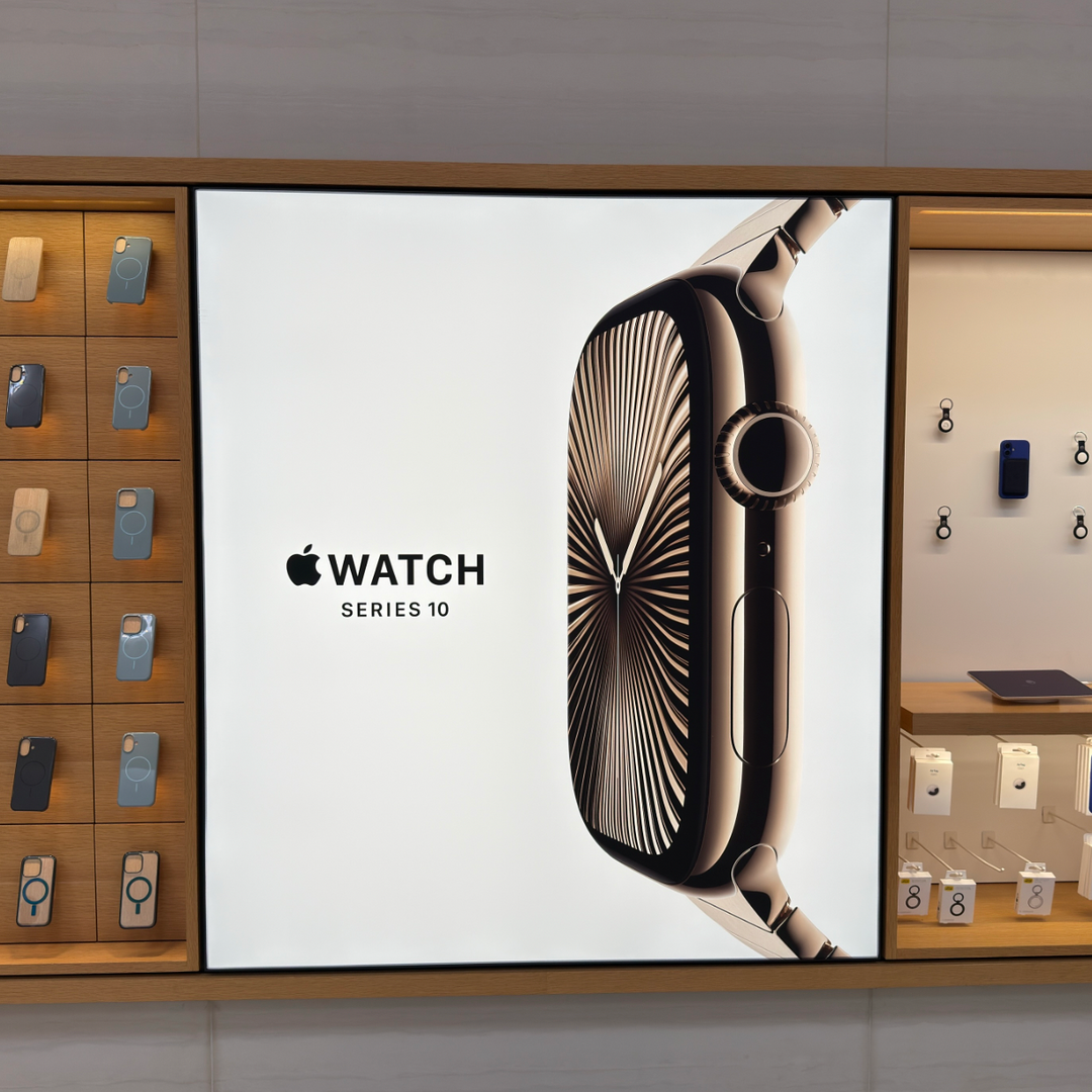 Large LED fabric light box with high-resolution backlit graphics for retail visual merchandising.