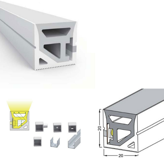 Facade neon LED flex profile and mounting accessories for architectural lighting
