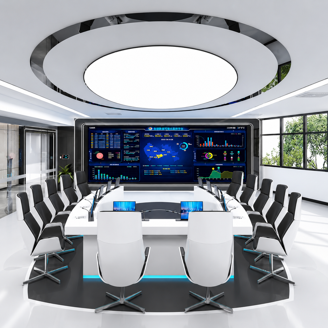 Fine Pitch COB LED Display installed in a modern executive boardroom, delivering high-resolution presentation visuals for corporate meetings and conference environments.