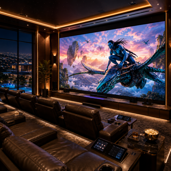 Fine Pitch COB LED Display used as a premium home theatre screen, providing ultra-high-definition entertainment with seamless large-format visuals.