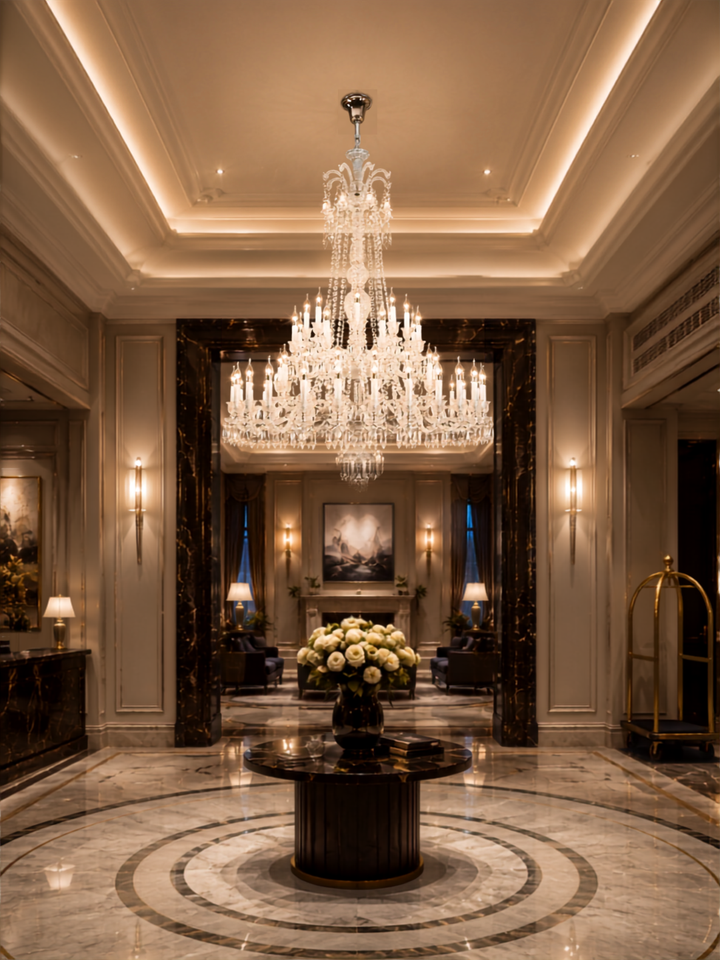 Fleur De Lumiere Royale Grandeur clear crystal chandelier suspended in a grand hotel lobby with marble floors and a central flower display