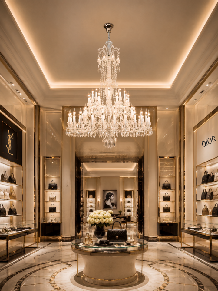 Fleur De Lumiere Royale Grandeur clear crystal chandelier in a luxury fashion boutique with marble floors and lit display cabinets
