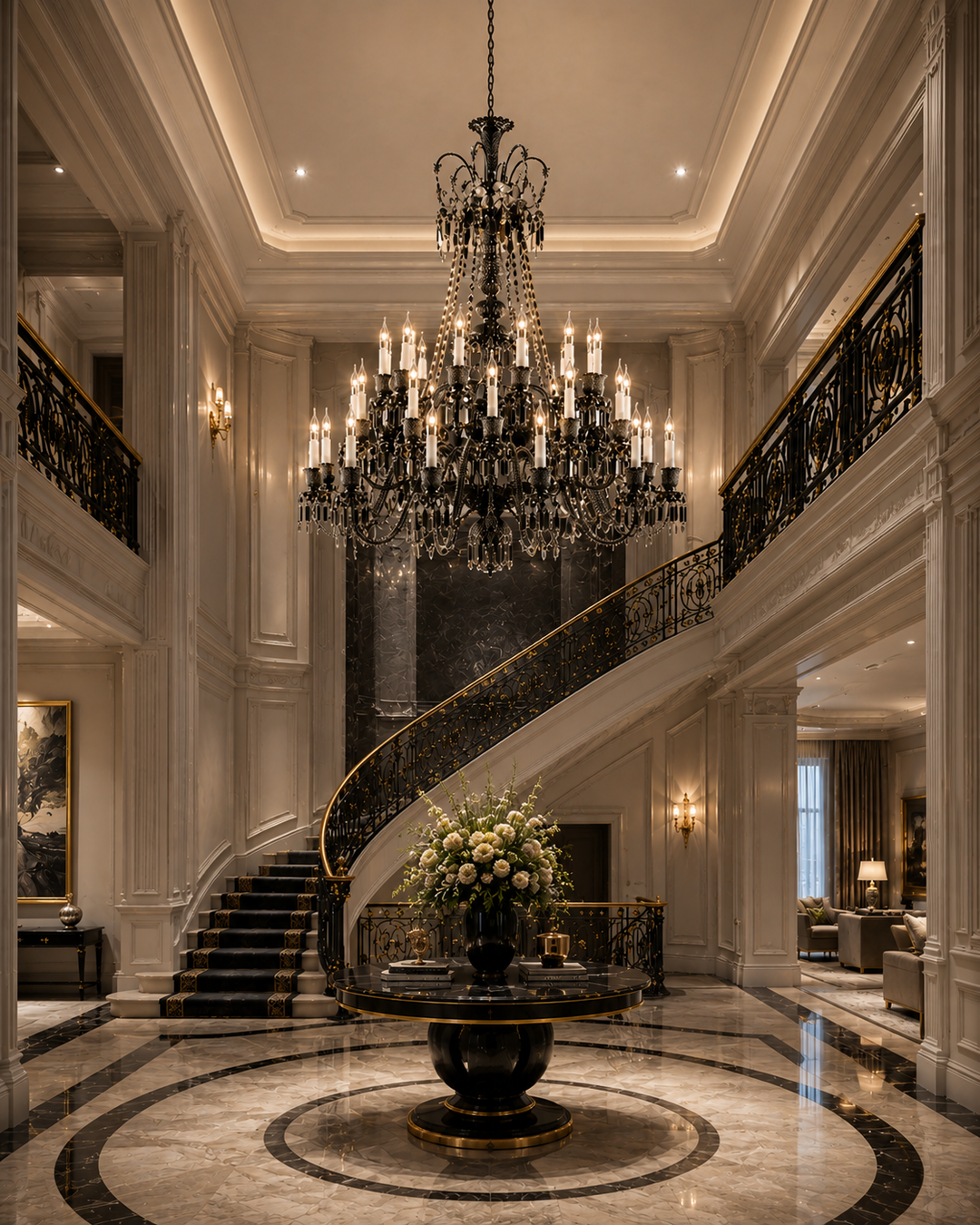 Fleur De Lumiere Royale Noire black chandelier hanging over a curved staircase and marble floor in a grand residential entrance foyer