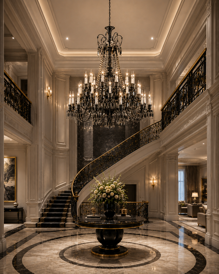 Fleur De Lumiere Royale Noire black chandelier hanging over a curved staircase and marble floor in a grand residential entrance foyer