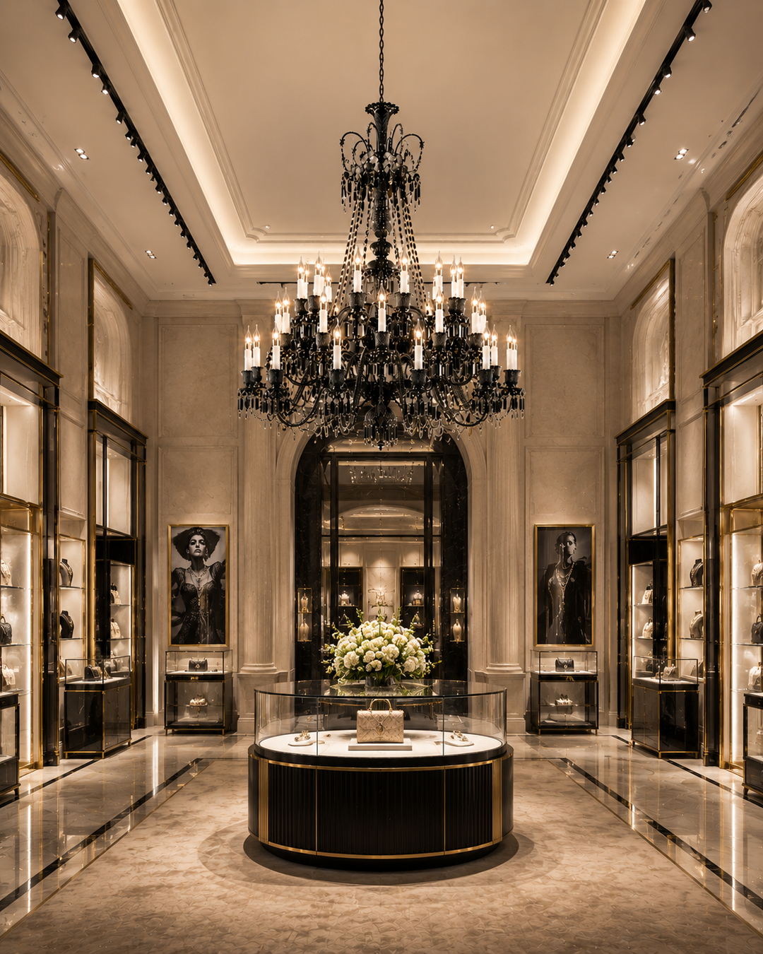 Fleur De Lumiere Royale Noire black crystal chandelier in a luxury jewellery boutique with marble walls and gold display cases