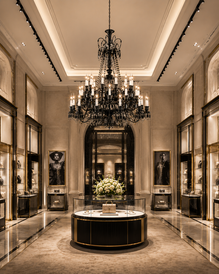 Fleur De Lumiere Royale Noire black crystal chandelier in a luxury jewellery boutique with marble walls and gold display cases