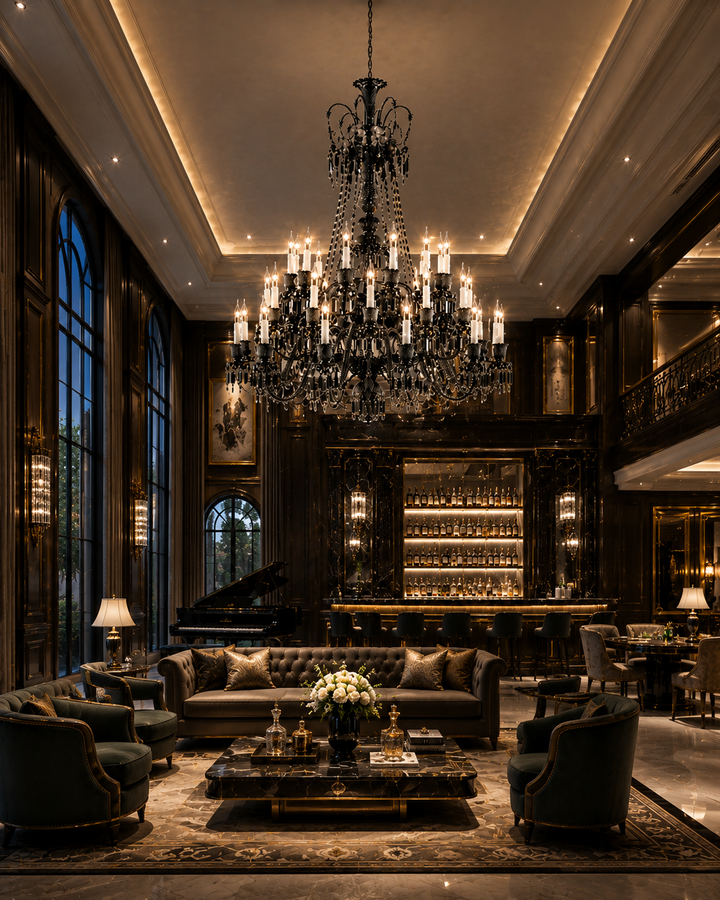 Fleur De Lumiere Royale Noire black chandelier in a high-end residential lounge with a grand piano, whisky bar and Chesterfield sofa