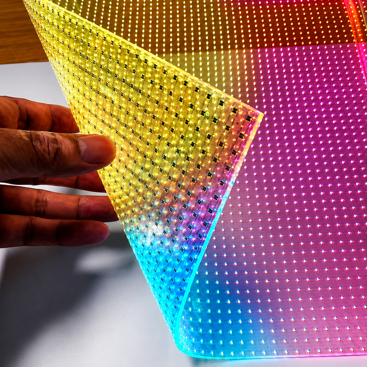 Flexible Transparent LED Film with ultra-thin adhesive design for direct glass installation