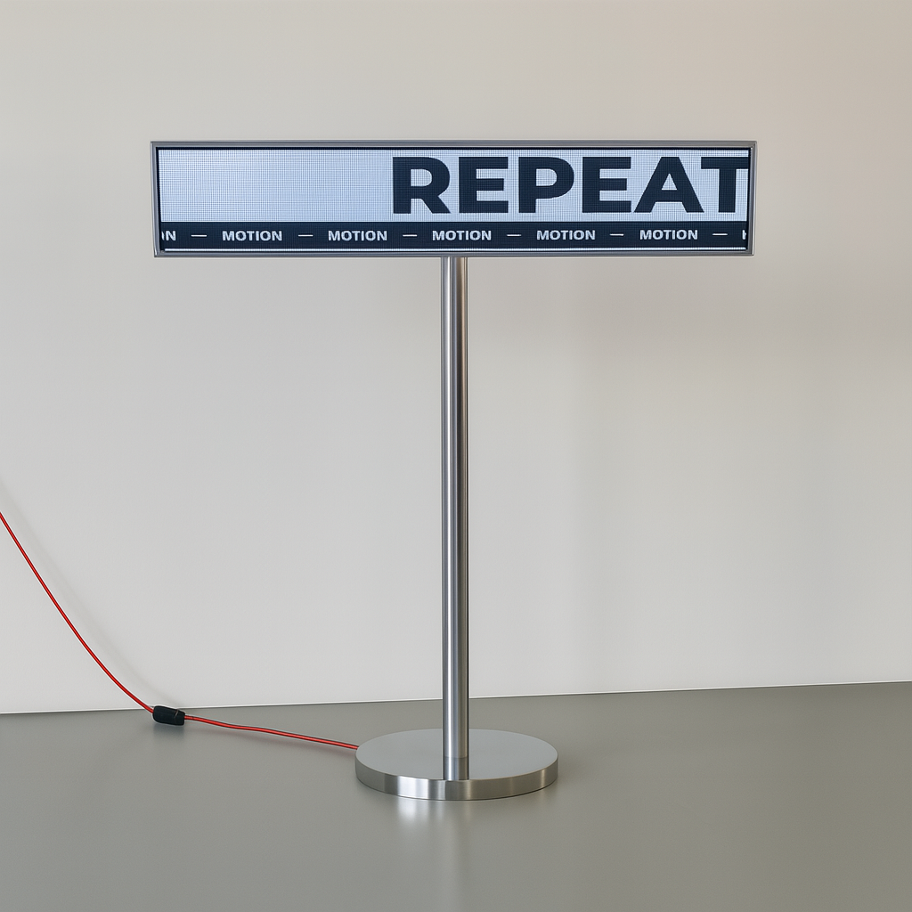 Floor standing LED direction display with slim P2 screen for indoor digital signage, ideal for retail wayfinding and commercial environments.