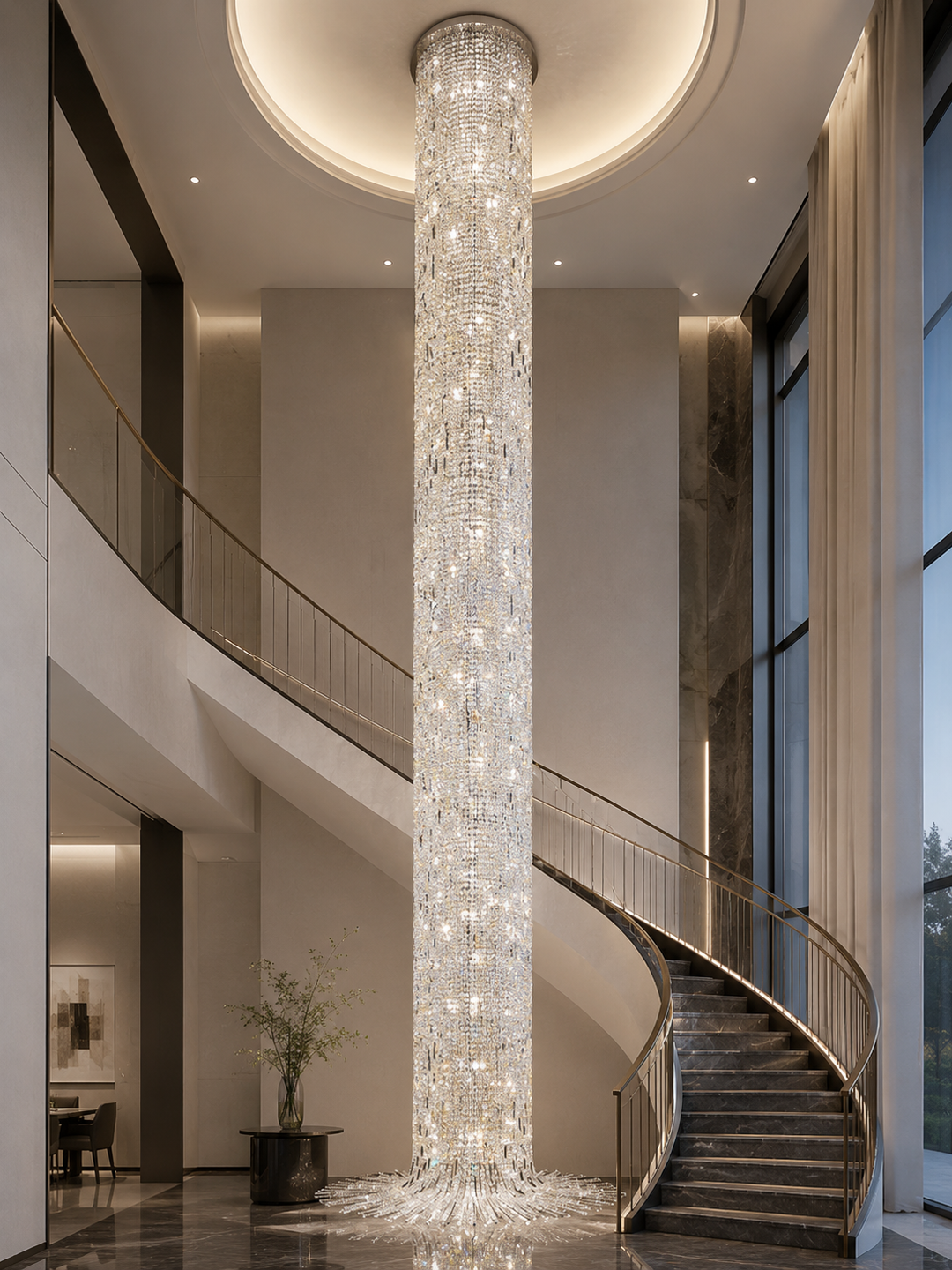 Floor-to-ceiling crystal column chandelier suspended in a luxury residential double-height lobby with curved staircase and marble flooring, Waterfall Bespoke Lighting by Lucretia