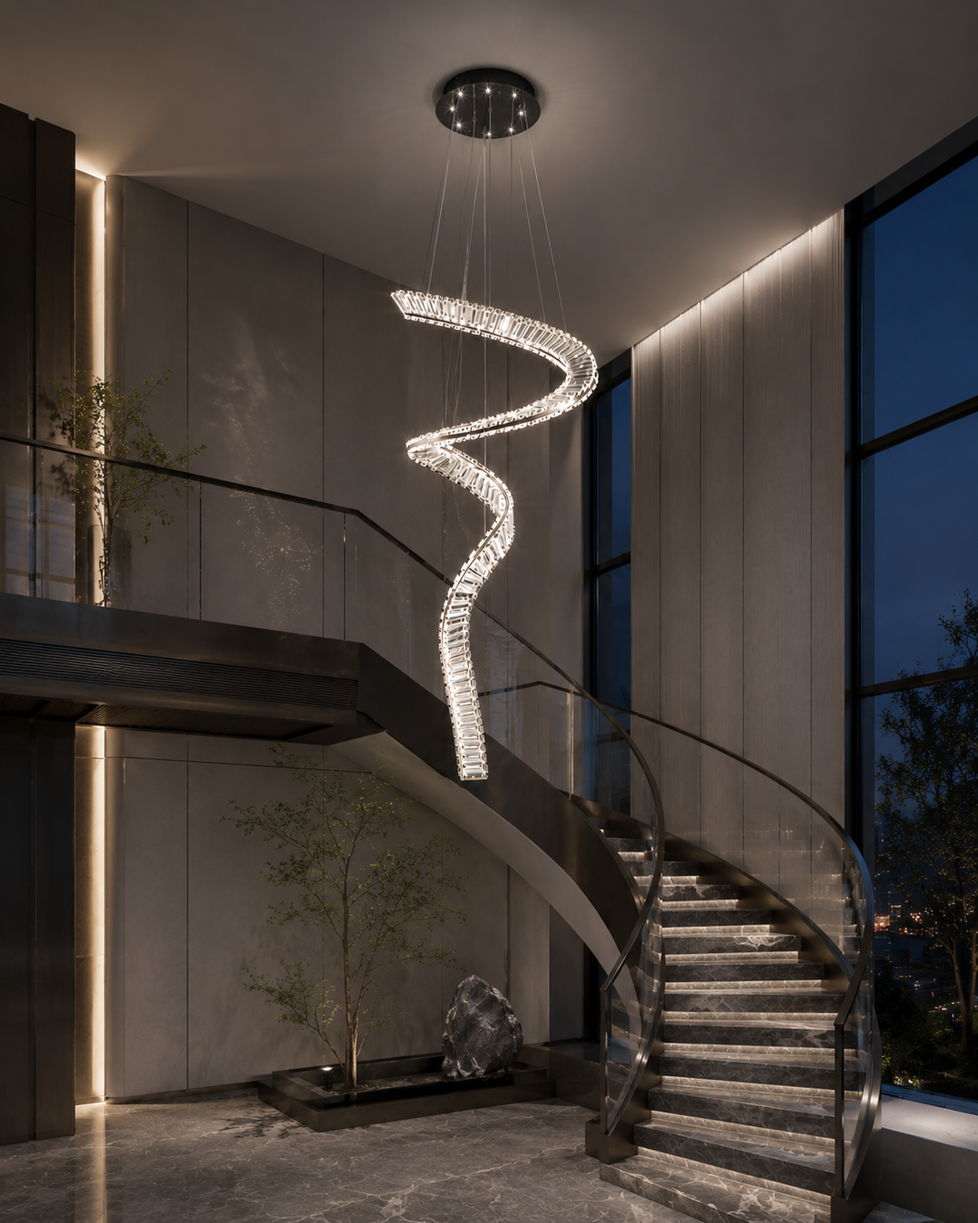 Fluid crystal staircase pendant light alongside a curved staircase with floor-to-ceiling glazing and city night view, Pharaoh Tour Single Pendant Light by Lucretia