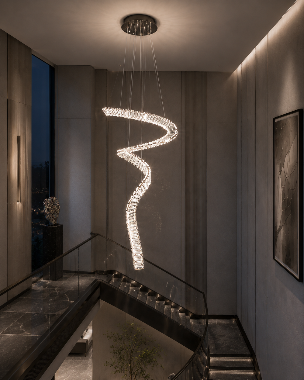 Fluid crystal staircase pendant light in a dark luxury residential void with city night view and sculptural decor, top-down perspective, Pharaoh Tour Single Pendant Light by Lucretia