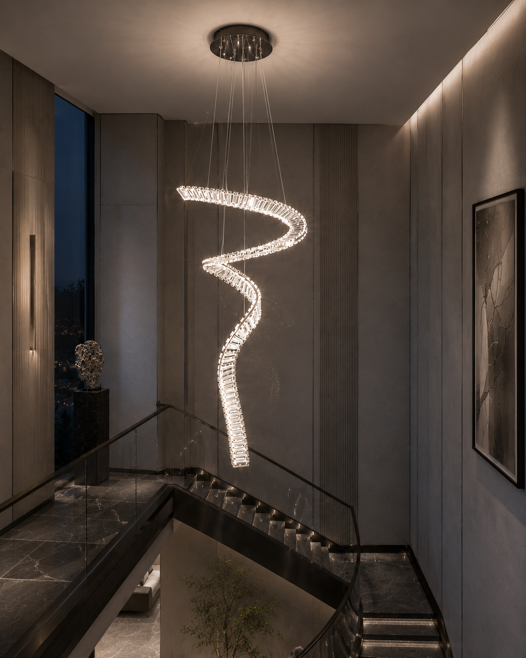 Fluid crystal staircase pendant light in a dark luxury residential void with city night view and sculptural decor, top-down perspective, Pharaoh Tour Single Pendant Light by Lucretia